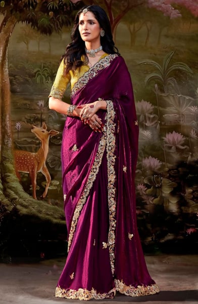Wine Embroidered Designer Saree for Ceremonial