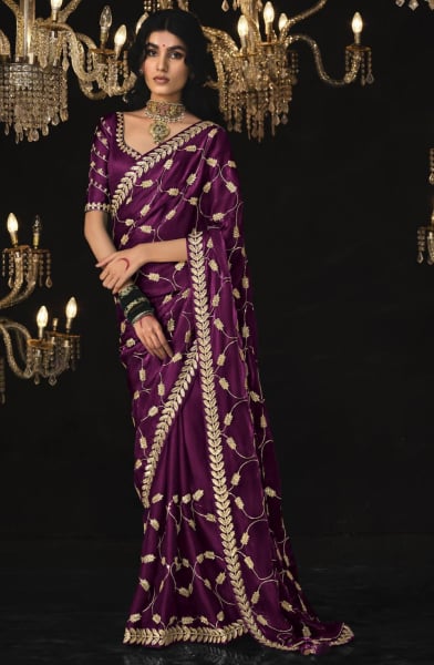 Wine Embroidered Designer Saree for Wedding