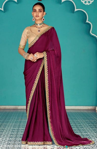 Wine Embroidered Designer Saree for Wedding