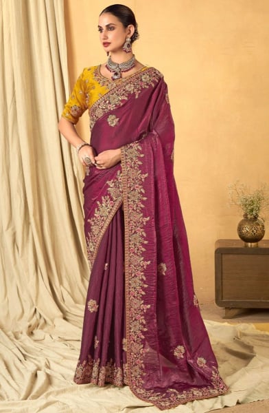 Wine Embroidered Designer Saree for Wedding