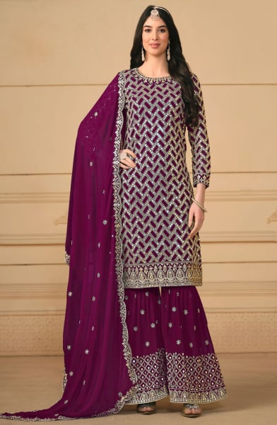 Wine Embroidered Faux Georgette Sarara Kameez
