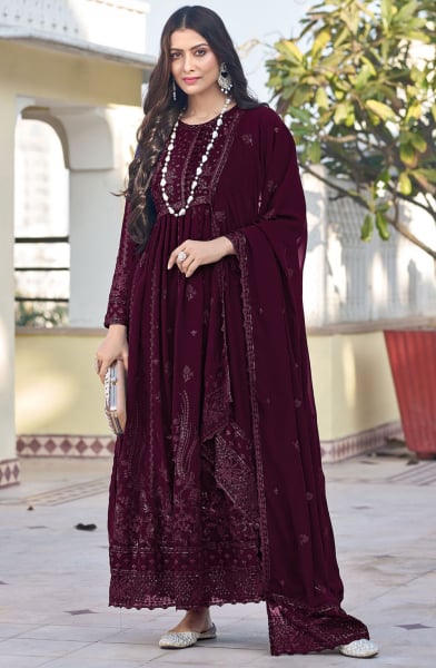 Wine Embroidered Georgette Anarkali Suit