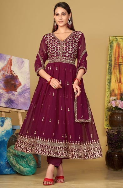 Wine Embroidered Georgette Anarkali Suit