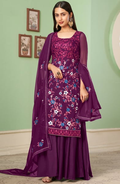 Wine Embroidered Georgette Designer Sarara Kameez Suit