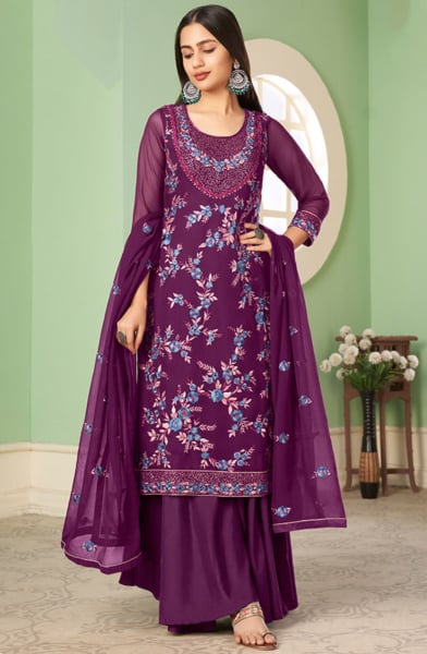Wine Embroidered Georgette Designer Sarara Kameez Suit
