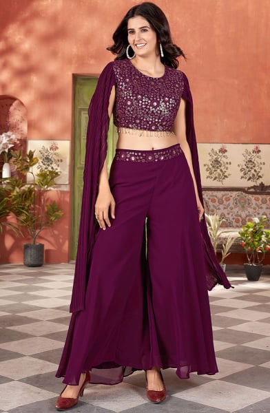 Wine Embroidered Georgette IndoWestern