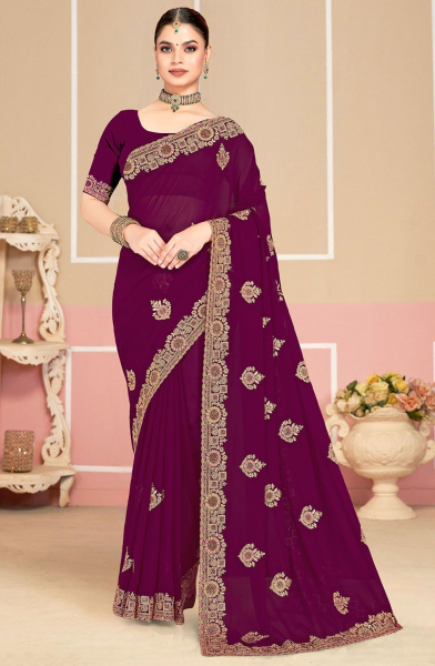 Wine Embroidered Georgette Saree for Festival