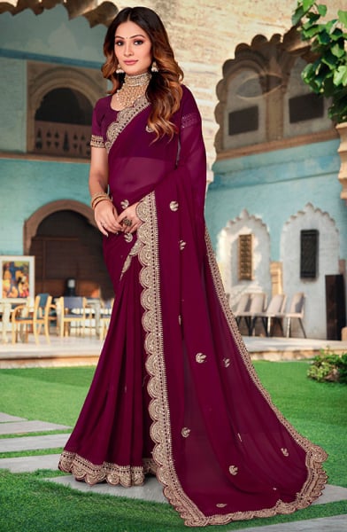 Wine Embroidered Georgette Saree
