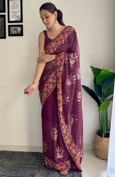 Wine Embroidered Georgette Saree