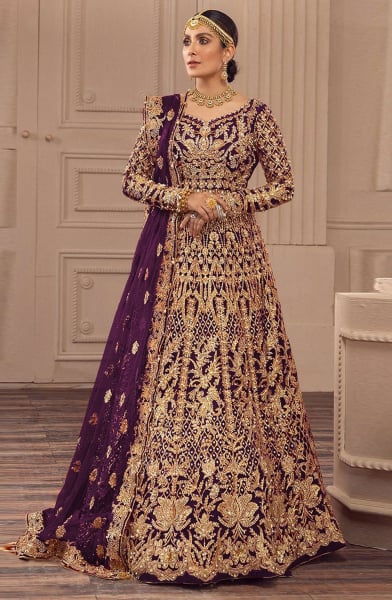 Wine Embroidered Net Anarkali Gown with Dupatta
