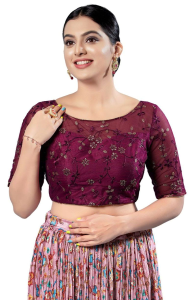Wine Embroidered Net Blouse