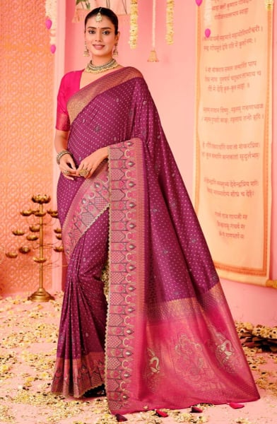 Wine Embroidered Nylon Dola Silk Saree