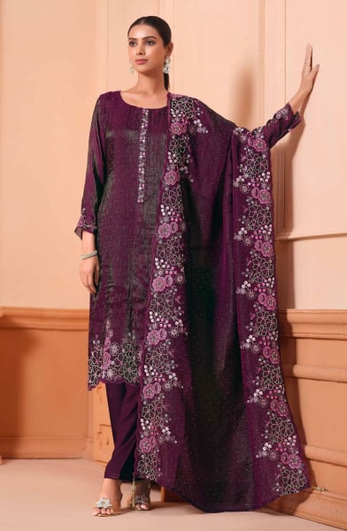 Wine Embroidered Pant Kameez Suit