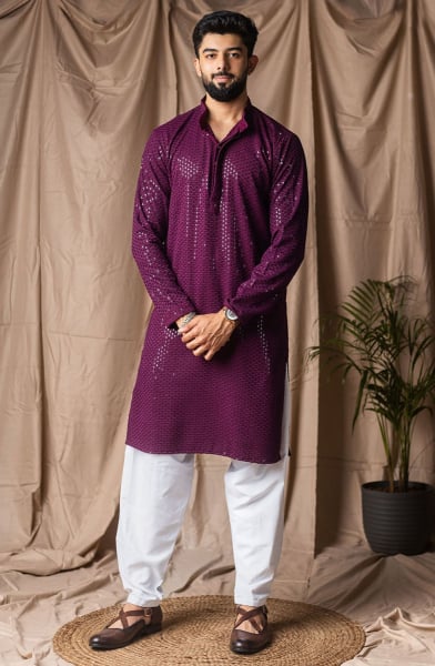 Wine Embroidered Rayon Kurta Set