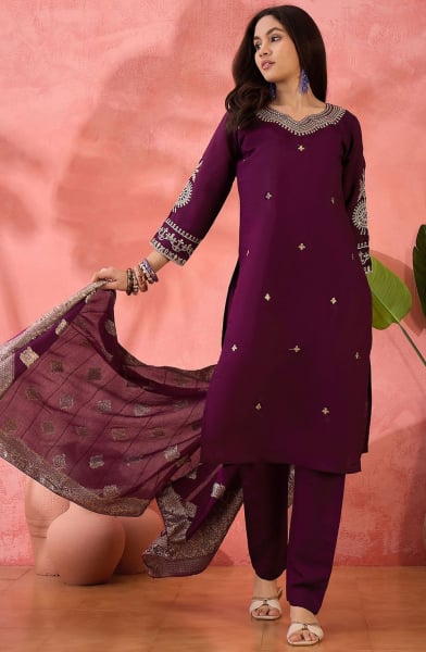 Wine Embroidered Roman Silk Readymade Suit