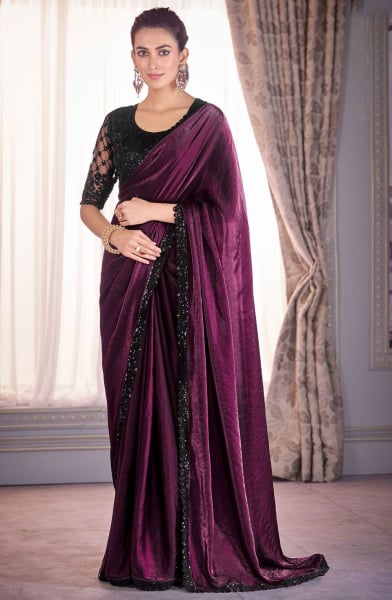 Wine Embroidered Satin Organza Designer Saree