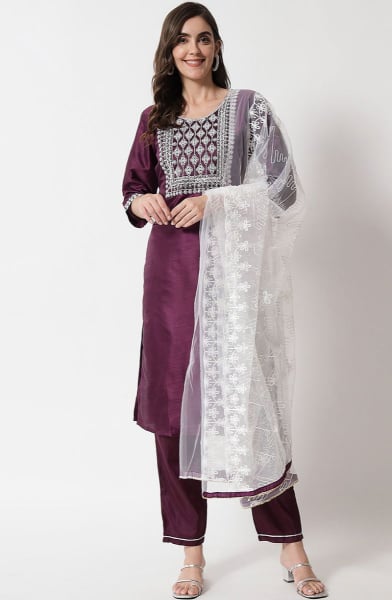 Wine Embroidered Silk Blend Readymade Suit
