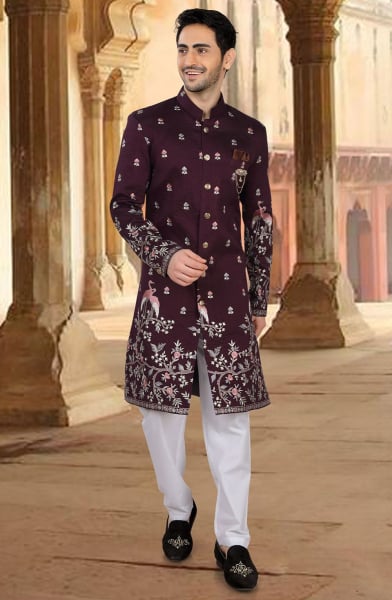 Wine Embroidered Silk Designer Indo Western