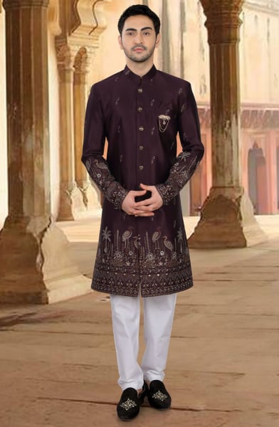 Wine Embroidered Silk Designer Indo Western