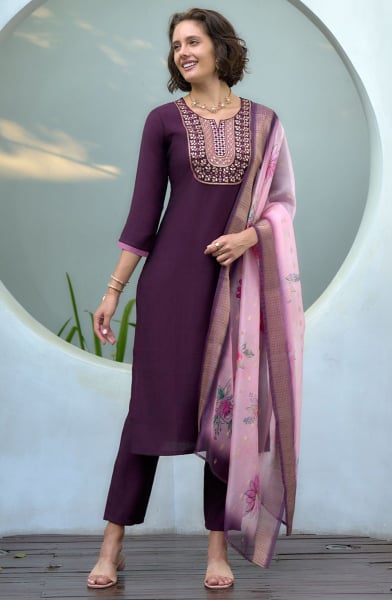 Wine Embroidered Silk Pant Kameez