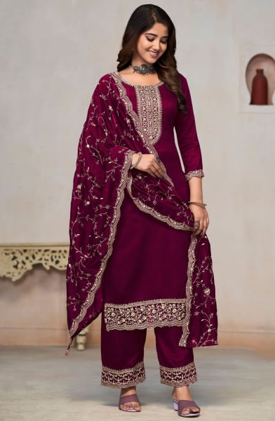Wine Embroidered Silk Trouser Kameez