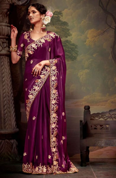 Wine Embroidered Tissue Organza Saree