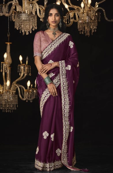 Wine Embroidered Tissue Silk Designer Saree