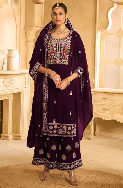 Wine Embroidered Velvet Palazzo Kameez