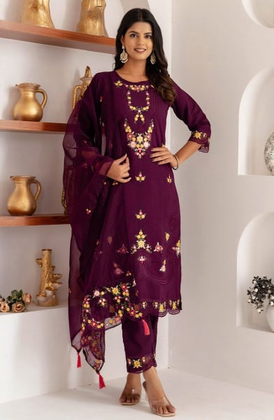 Wine Embroidered Viscose Silk Readymade Suit