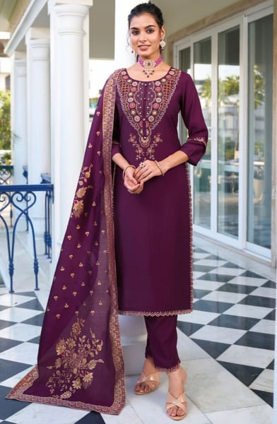 Wine Embroidered Viscose Silk Readymade Suit