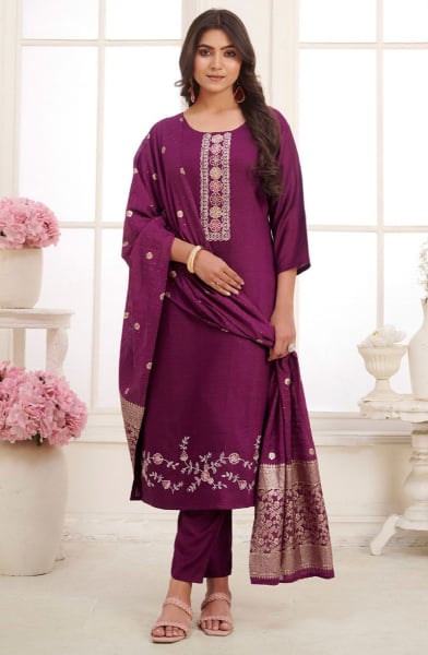 Wine Embroidered Viscose Silk Readymade Suit