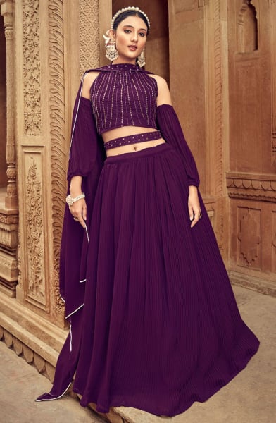 Wine Faux Georgette Lehenga Choli for Ceremonial