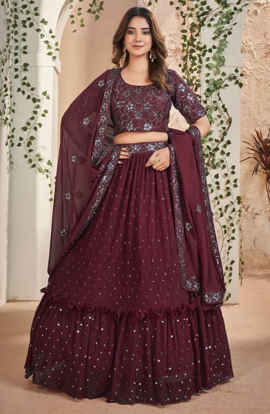 Wine Faux Georgette Lehenga Choli Set