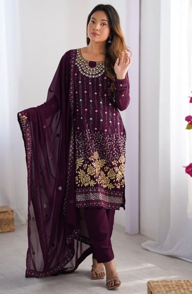Wine Faux Georgette Readymade Pant Kameez Suit