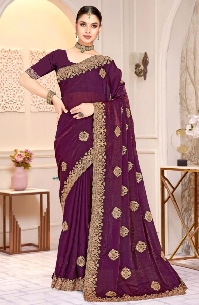 Wine Fendy Satin Silk Saree with Cording Embroidery
