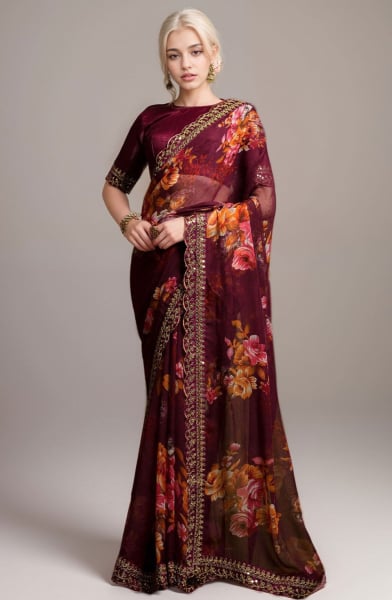 Wine Floral Print Georgette Saree