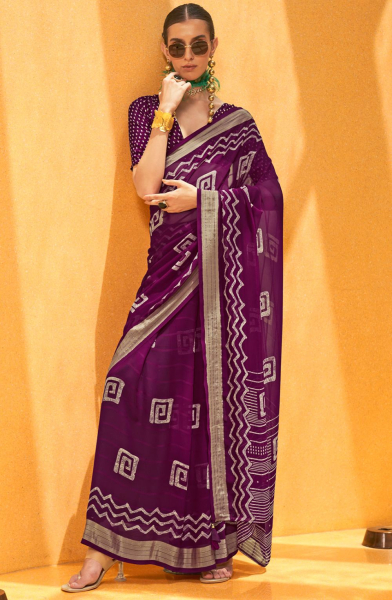 Wine Foil Print Georgette Saree