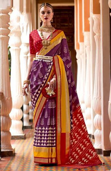Wine Foil Print Silk Saree