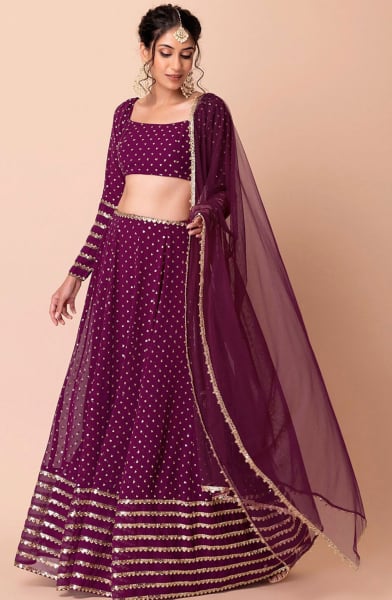 Wine Georgette Embroidered Lehenga Choli Set