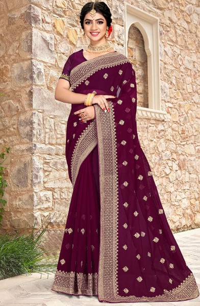 Wine Georgette Embroidered Saree