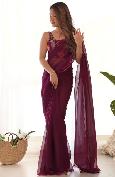 Wine Georgette Saree with Embroidered Blouse