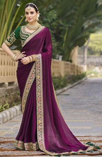 Wine Georgette Saree with Embroidered Blouse