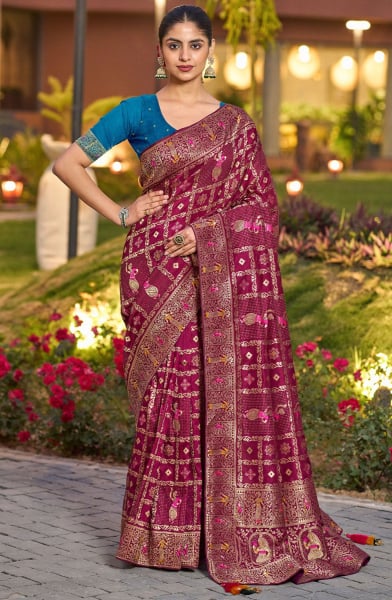 Wine Gharchola Style Woven Dola Silk Saree