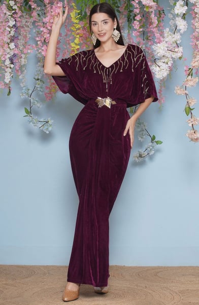 Wine Hand Embellished Velvet Gown with Belt
