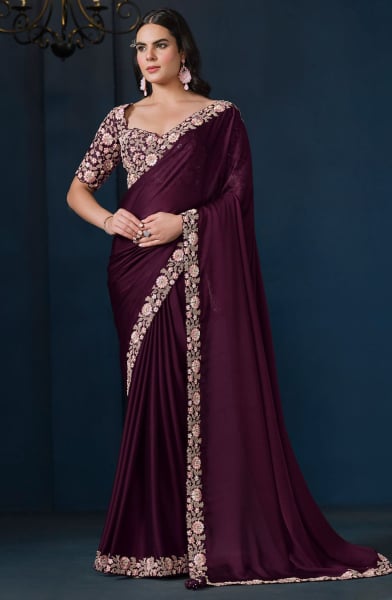 Wine Heavy Embroidered Designer Saree