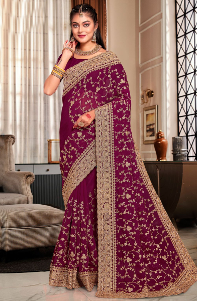 Wine Heavy Embroidered Georgette Saree