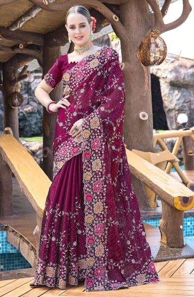 Wine Heavy Resham Embroidered Party Wear Saree