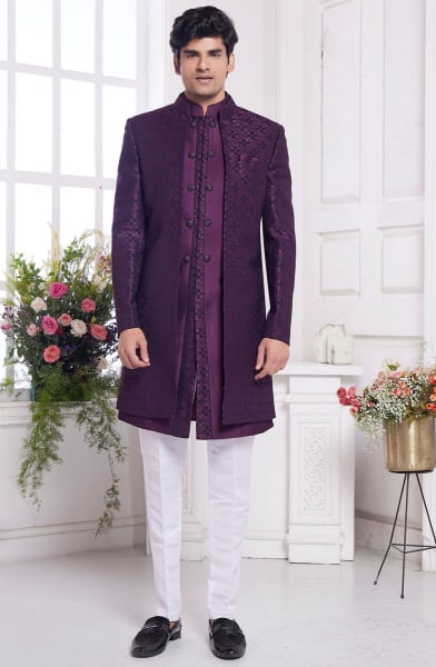 Wine Jacquard Art Silk IndoWestern