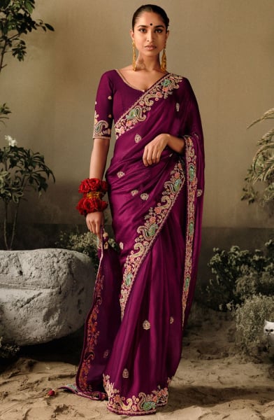 Wine Khatli Work Designer Saree for Wedding