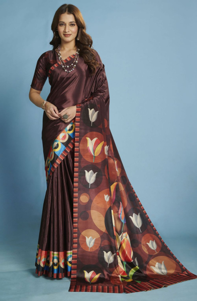 Wine Malai Crepe Silk Digital Printed Saree